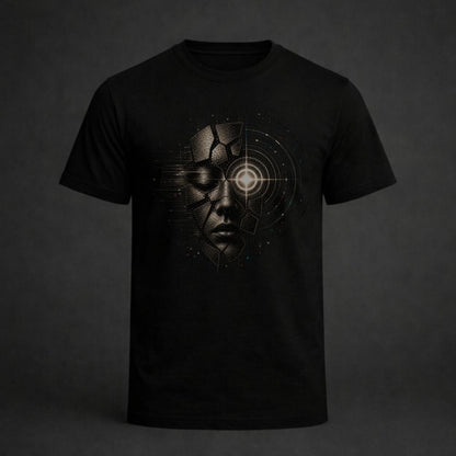 Black t-shirt with a futuristic face design on a dark background