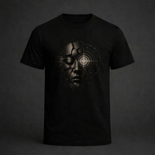 Black t-shirt with a futuristic face design on a dark background