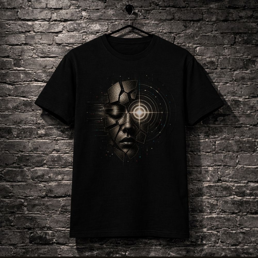 Black t-shirt with a graphic design of a face and circular pattern on a brick wall background