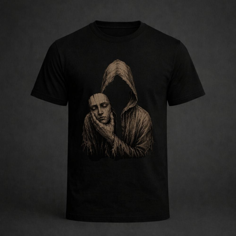 Black t-shirt with a graphic of a hooded figure on a dark background
