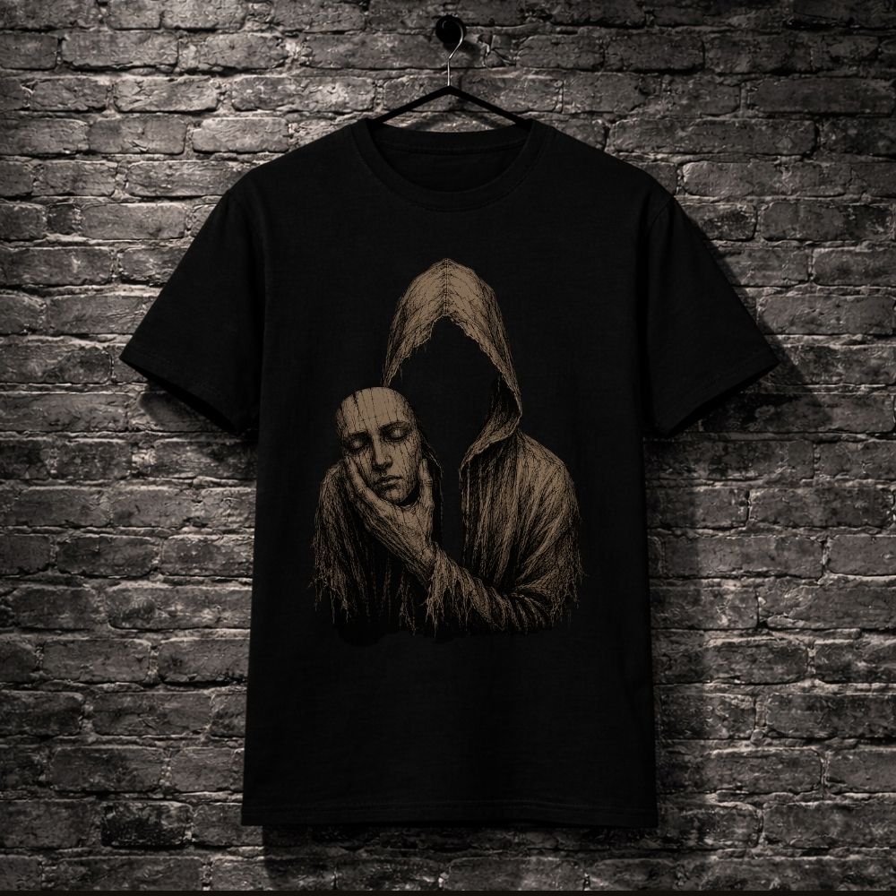 Black t-shirt with a graphic of a hooded figure on a brick wall background