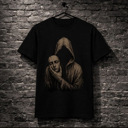 Black t-shirt with a graphic of a hooded figure on a brick wall background