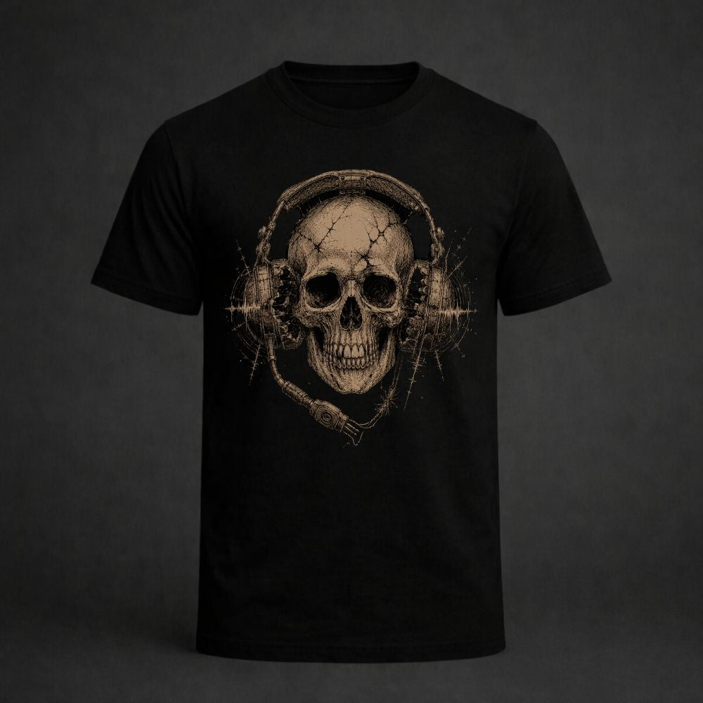 Black t-shirt with a skull wearing headphones design on a dark background