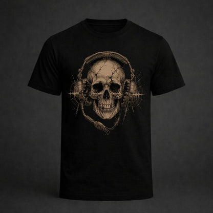 Black t-shirt with a skull wearing headphones design on a dark background