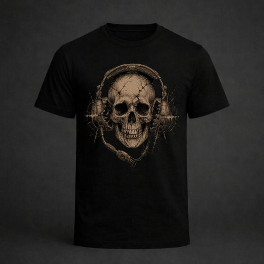 Black t-shirt with a skull wearing headphones design on a dark background