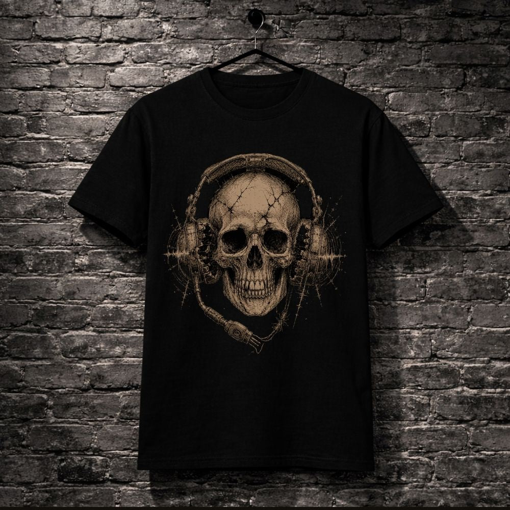 Black t-shirt with a skull and headphones design hanging against a brick wall.
