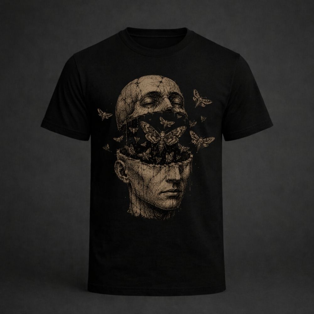Black t-shirt with a graphic design of a face with flowers in the hair on a dark background