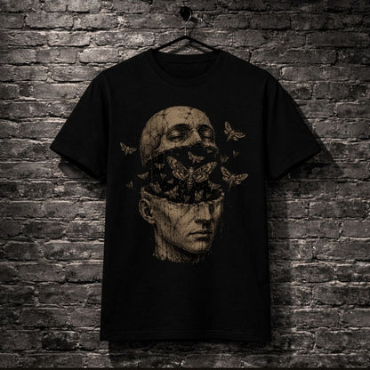 Black t-shirt with artistic design of a face and butterflies on a brick wall background
