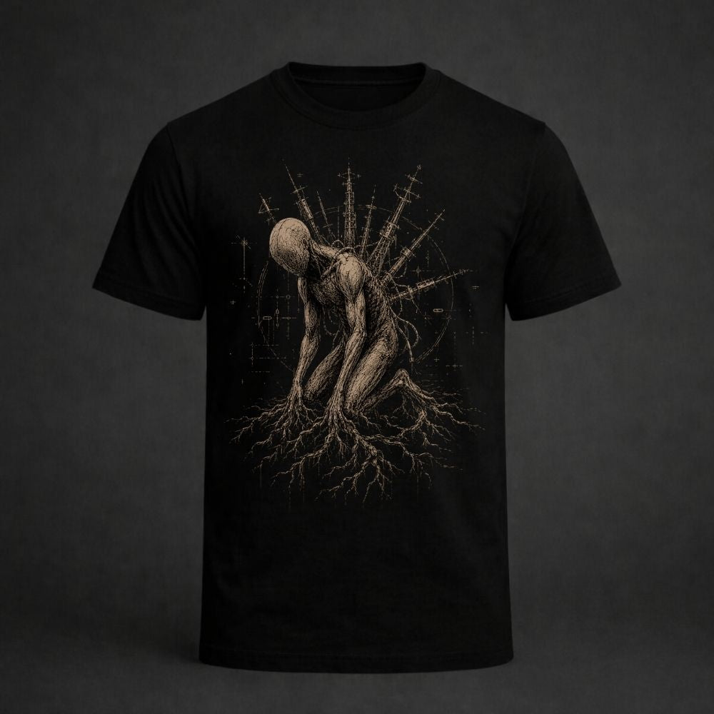Black t-shirt with a unique design on a dark background