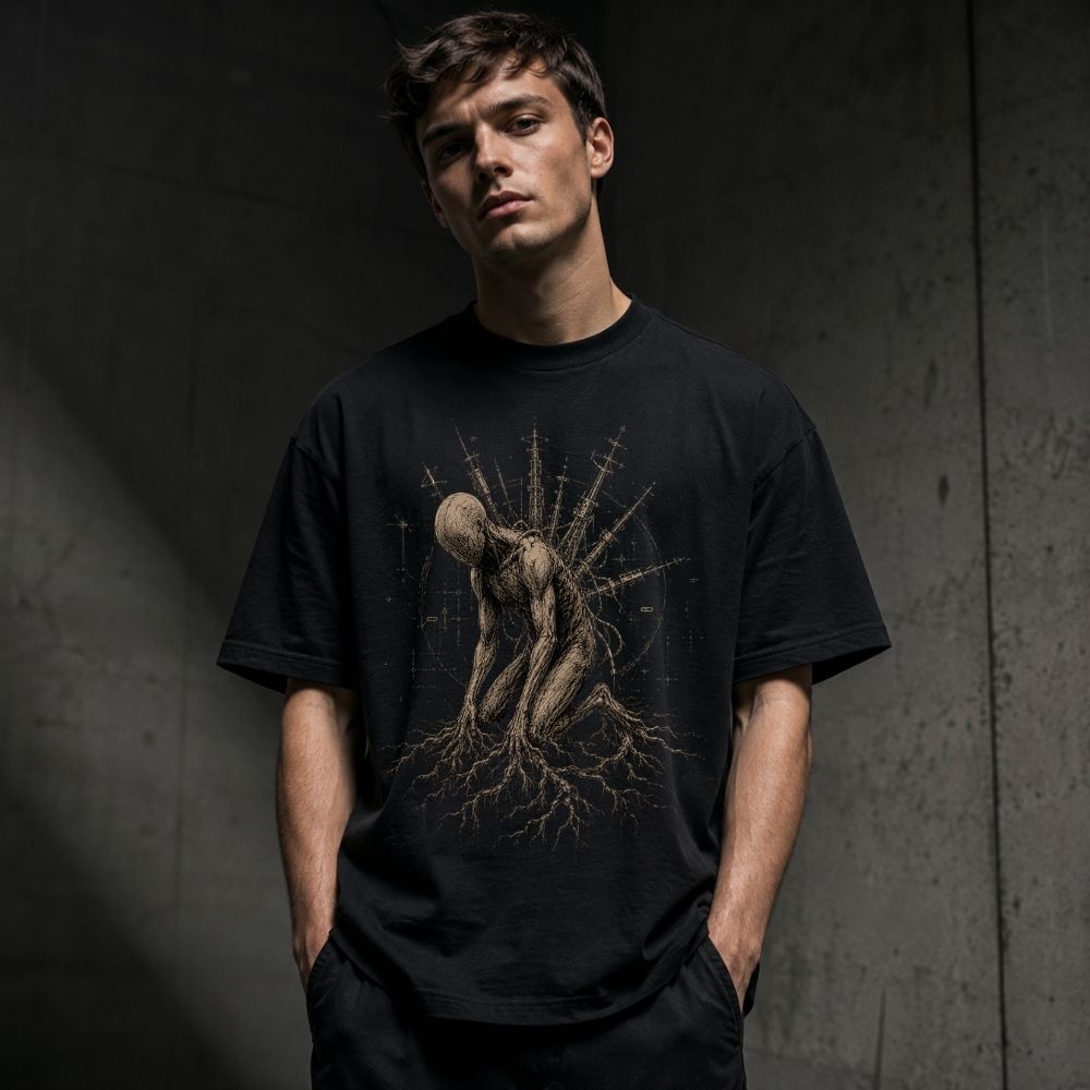 Man wearing a black t-shirt with a graphic design against a dark background