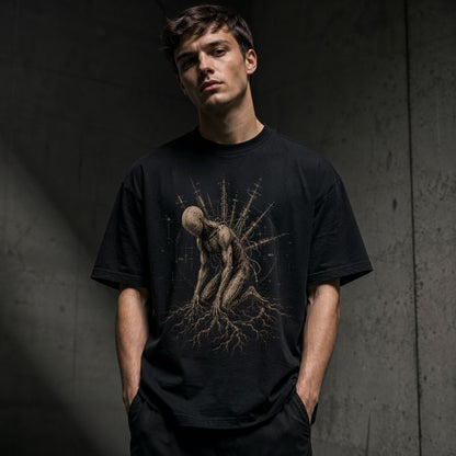Man wearing a black t-shirt with a graphic design against a dark background
