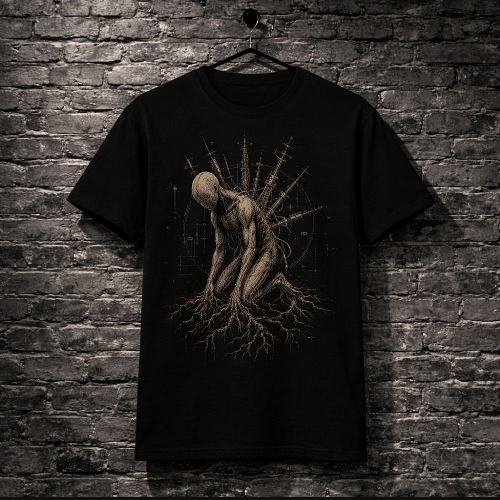Black t-shirt with a unique design on a brick wall background
