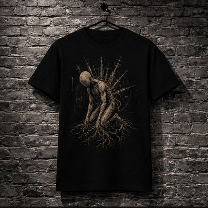 Black t-shirt with a unique design on a brick wall background