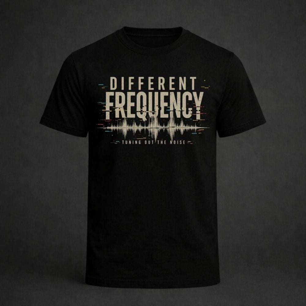 Black t-shirt with 'Different Frequency' design on a dark background