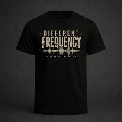 Black t-shirt with 'Different Frequency' design on a dark background