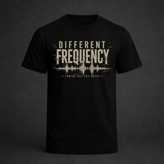 Black t-shirt with 'Different Frequency' design on a dark background