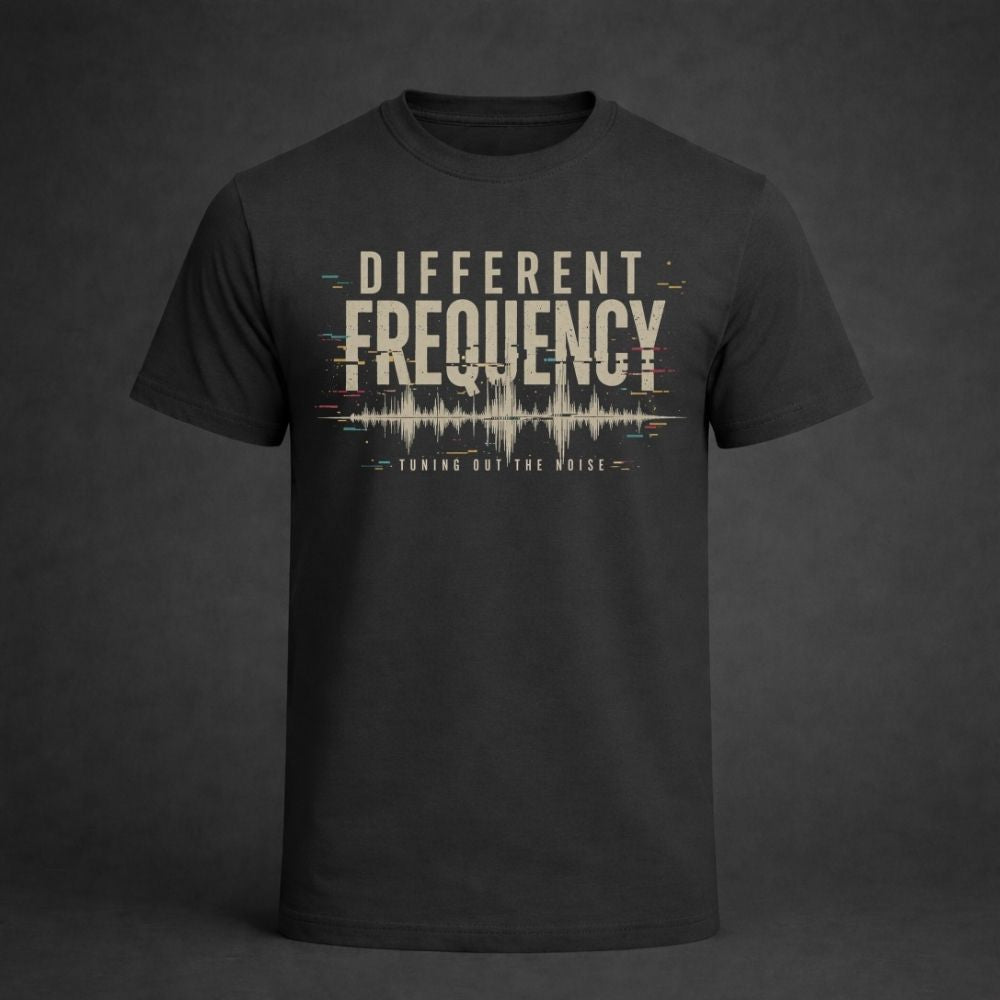 Black t-shirt with 'Different Frequency' design on a dark background