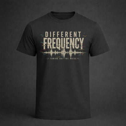 Black t-shirt with 'Different Frequency' design on a dark background