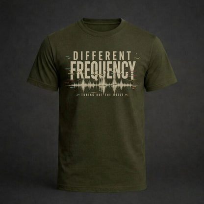 Green t-shirt with 'Different Frequency' text design on a dark background
