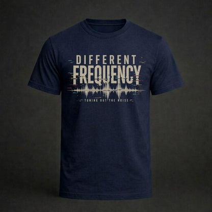 Navy blue t-shirt with 'Different Frequency' text design on a dark background