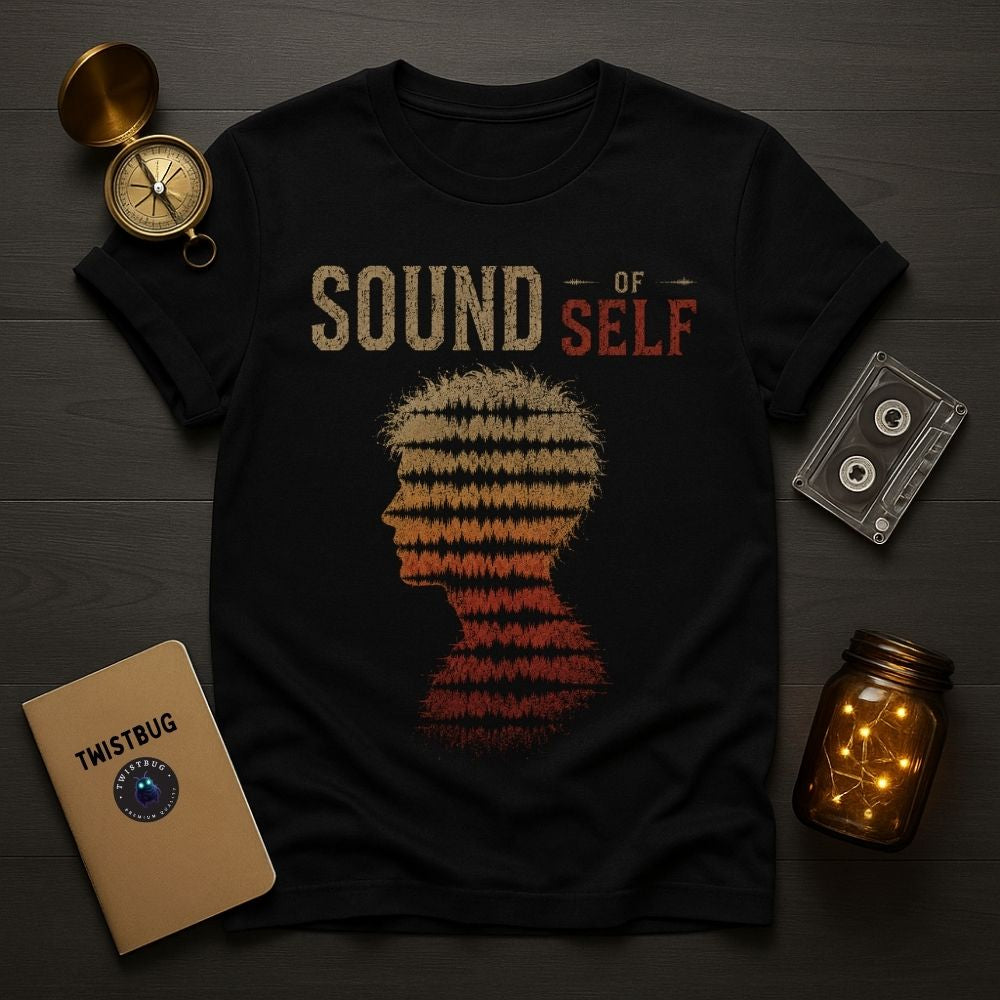 Black t-shirt with 'Sound of Self' design on a wooden surface with decorative items.