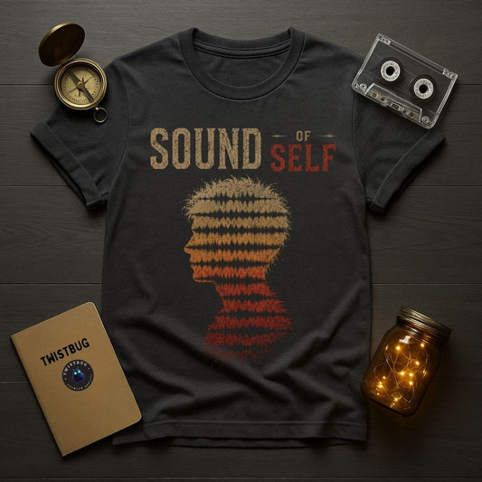 Black t-shirt with 'Sound of Self' design on a wooden surface with vintage items.