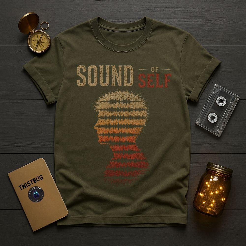 Green t-shirt with 'Sound of Self' graphic design on a wooden surface with vintage items.