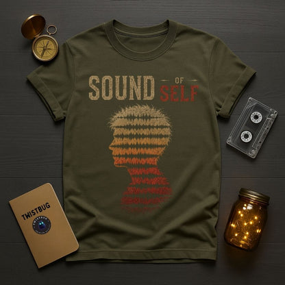 Green t-shirt with 'Sound of Self' graphic design on a wooden surface with vintage items.