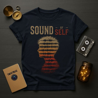 Navy blue t-shirt with 'Sound of Self' graphic design on a wooden surface with vintage items.