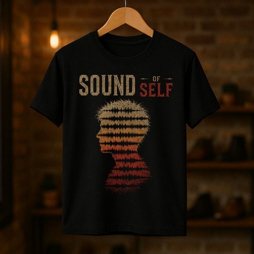 Black t-shirt with 'Sound of Self' design on a wooden hanger against a blurred background
