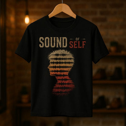 Black t-shirt with 'Sound of Self' design on a wooden hanger against a blurred background