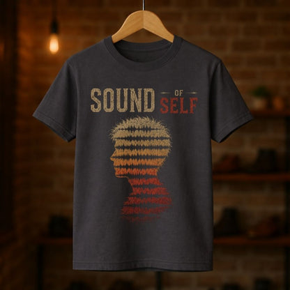 Dark gray t-shirt with 'Sound of Self' design on a wooden hanger against a blurred brick wall background.