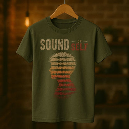 Green t-shirt with 'Sound of Self' design on a wooden hanger against a blurred background