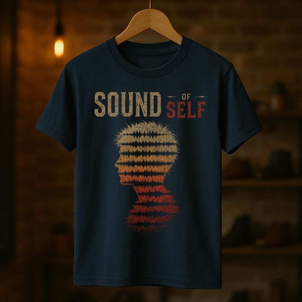 Navy blue t-shirt with 'Sound of Self' design on a wooden hanger against a dark background