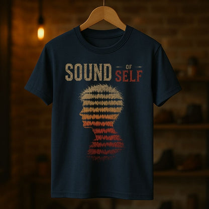 Navy blue t-shirt with 'Sound of Self' design on a wooden hanger against a dark background