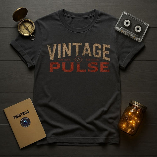 Black t-shirt with 'Vintage Pulse' design on a wooden surface with vintage items.