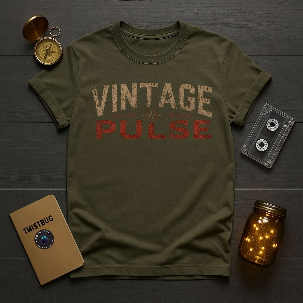 Green t-shirt with 'Vintage Pulse' text on a wooden surface with vintage items.