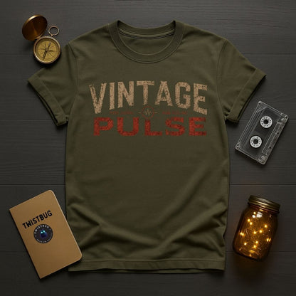 Green t-shirt with 'Vintage Pulse' text on a wooden surface with vintage items.