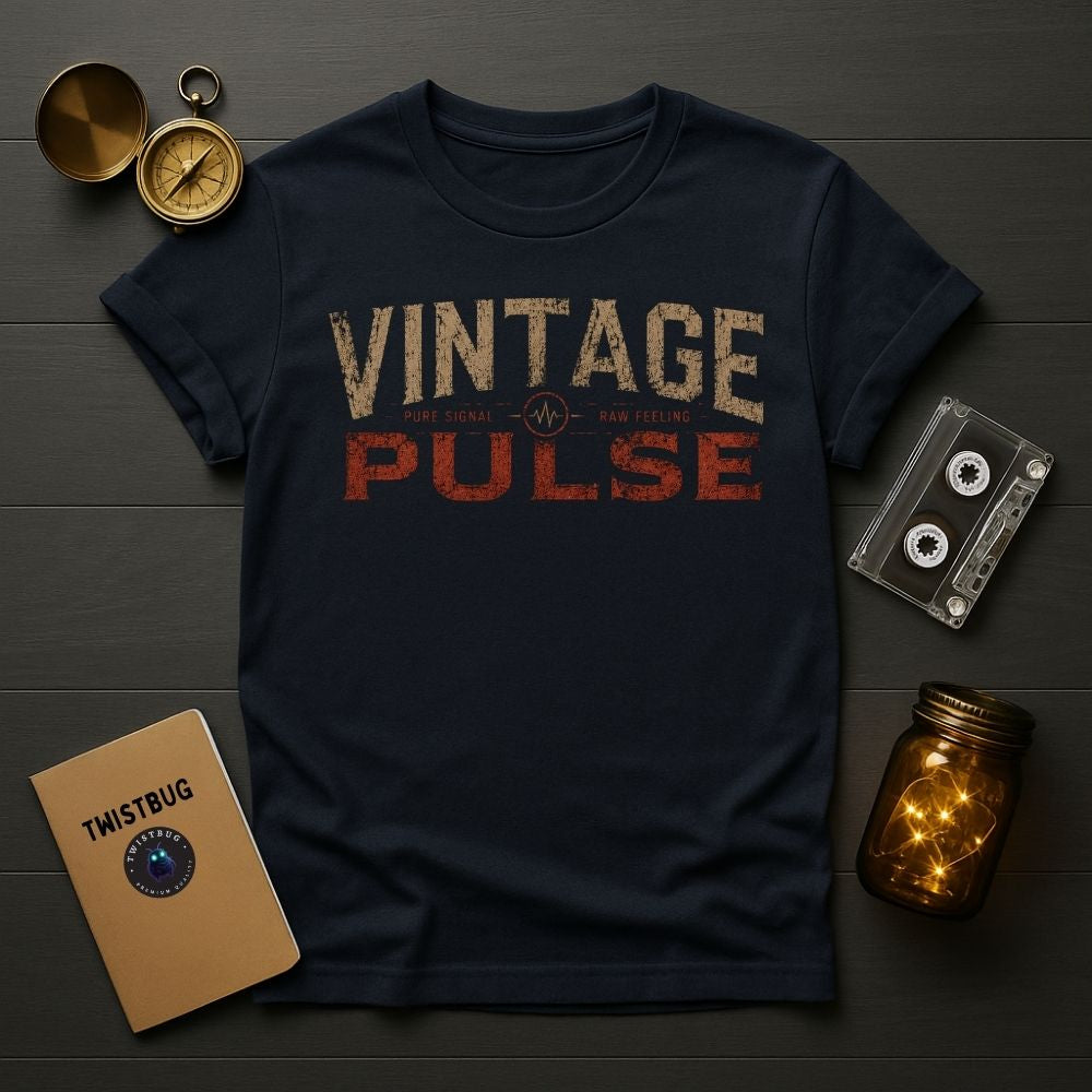 Navy blue t-shirt with 'Vintage Pulse' text on a wooden surface with vintage items.