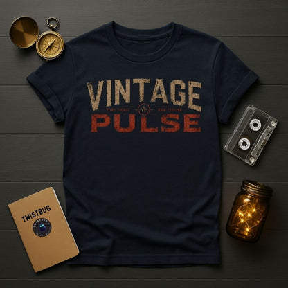 Navy blue t-shirt with 'Vintage Pulse' text on a wooden surface with vintage items.