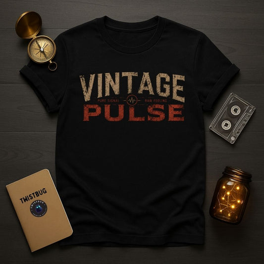 Black t-shirt with 'Vintage Pulse' design on a wooden surface with decorative items.