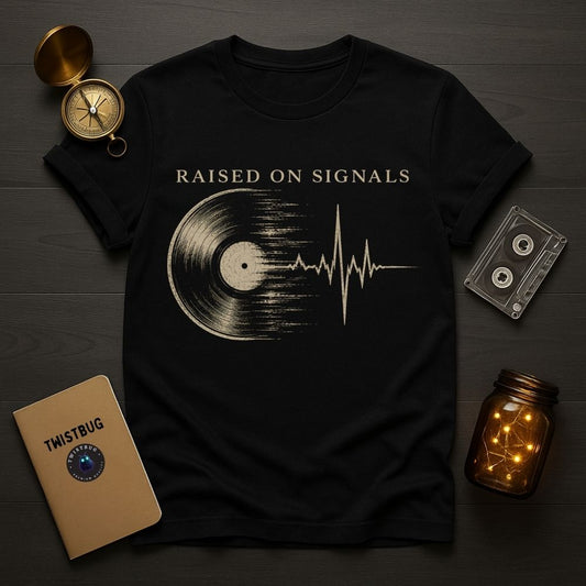 Black t-shirt with 'Raised on Signals' design on a wooden surface with decorative items.