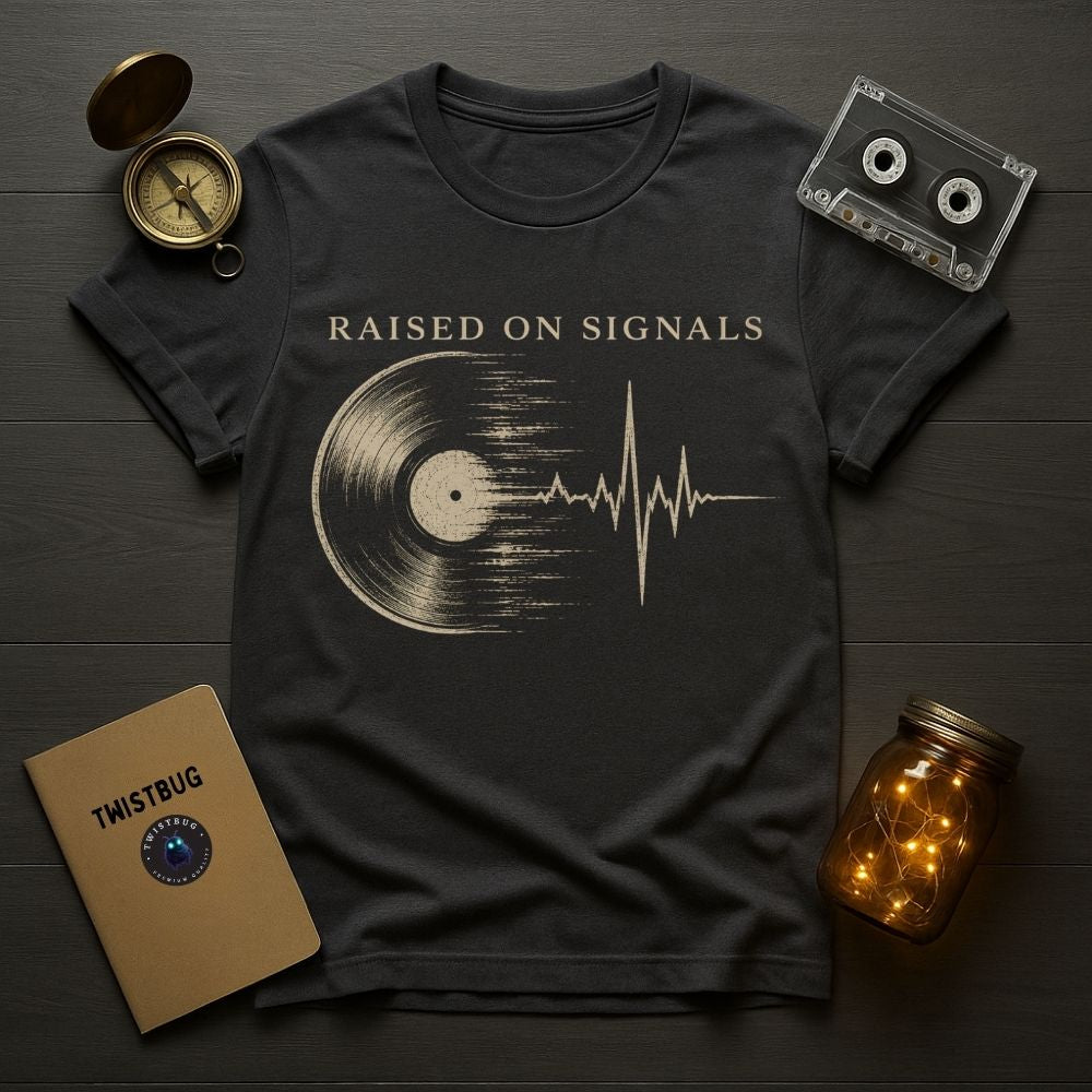 Black t-shirt with 'Raised on Signals' design on a wooden surface with vintage items.