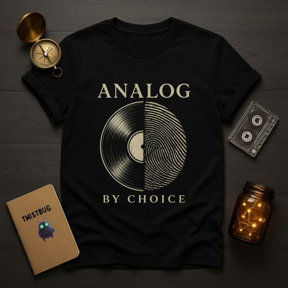 Black t-shirt with 'Analog by Choice' design on a wooden surface with vintage items.