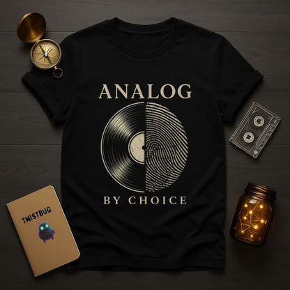 Black t-shirt with 'Analog by Choice' design on a wooden surface with vintage items.