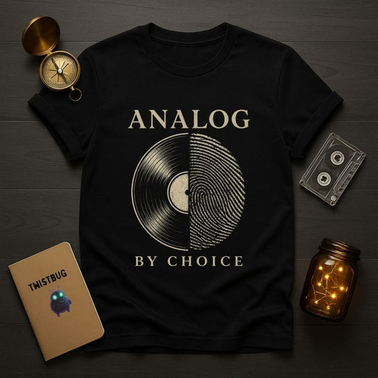 Black t-shirt with 'Analog by Choice' design on a wooden surface with vintage items.