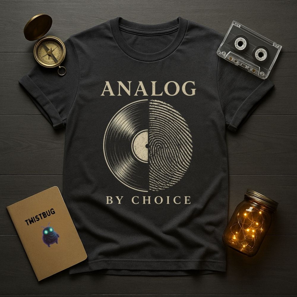 Black t-shirt with 'Analog by Choice' design on a wooden surface with vintage items.