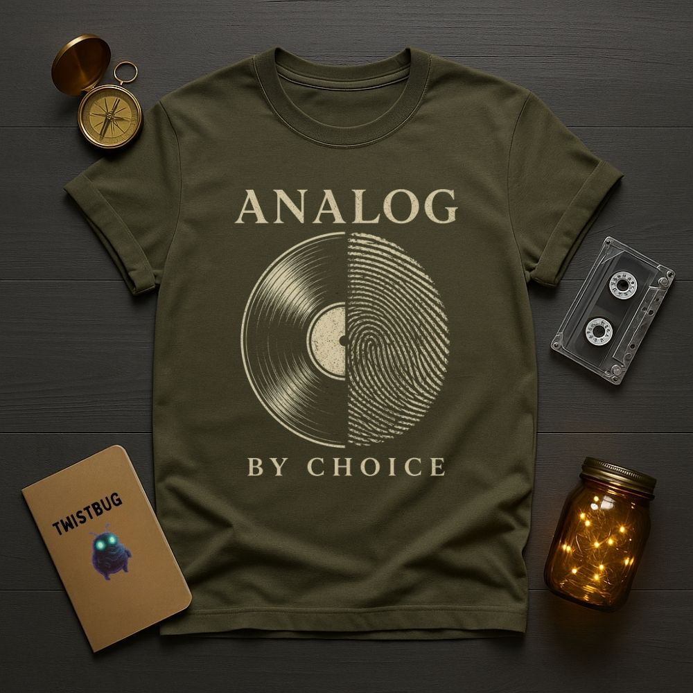Green t-shirt with 'Analog by Choice' design on a wooden surface with vintage items.