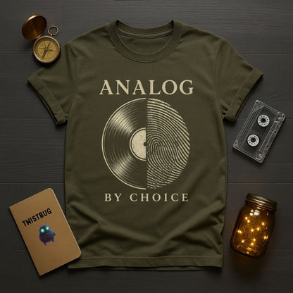 Green t-shirt with 'Analog by Choice' design on a wooden surface with vintage items.
