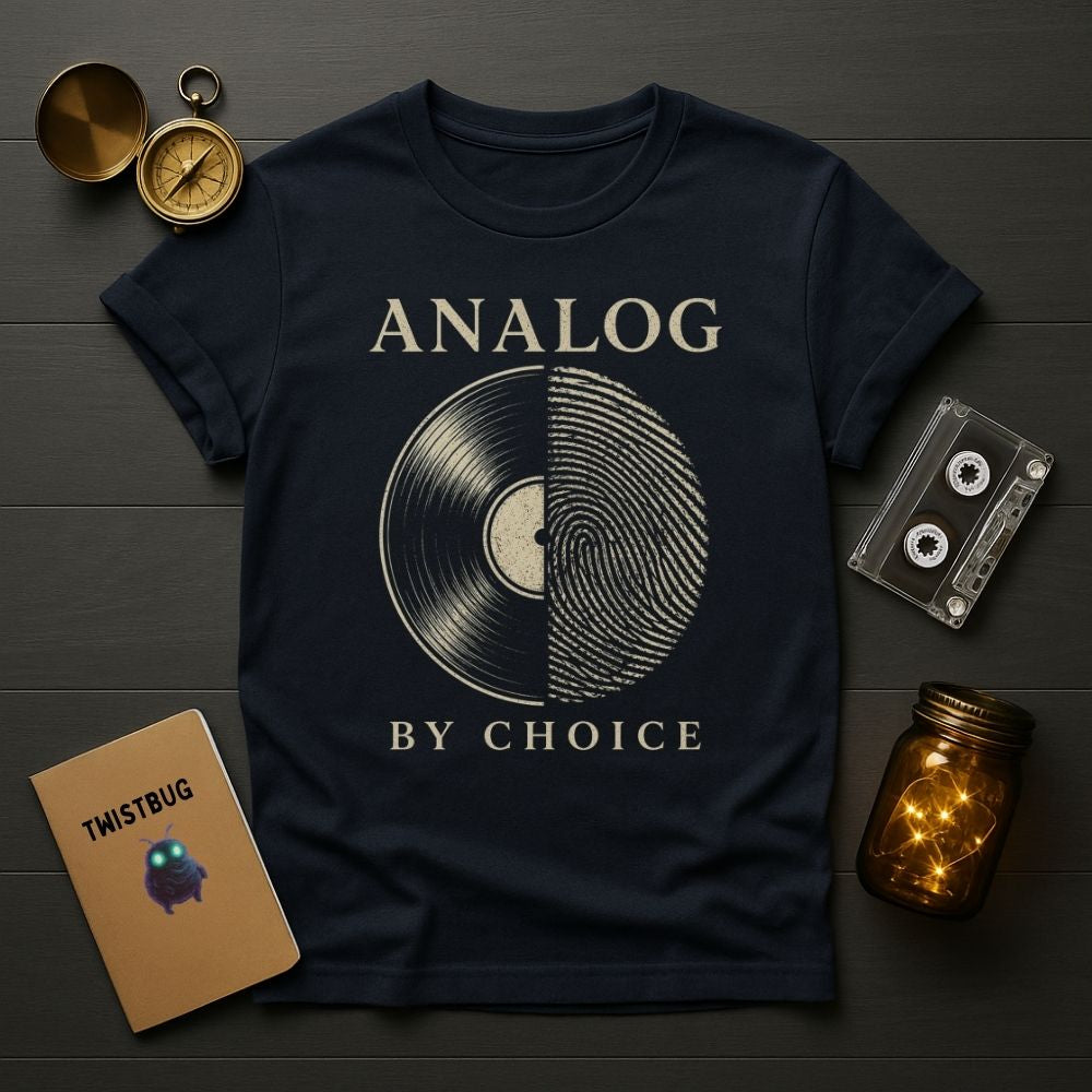 Navy blue t-shirt with 'Analog by Choice' design on a wooden surface with vintage items.